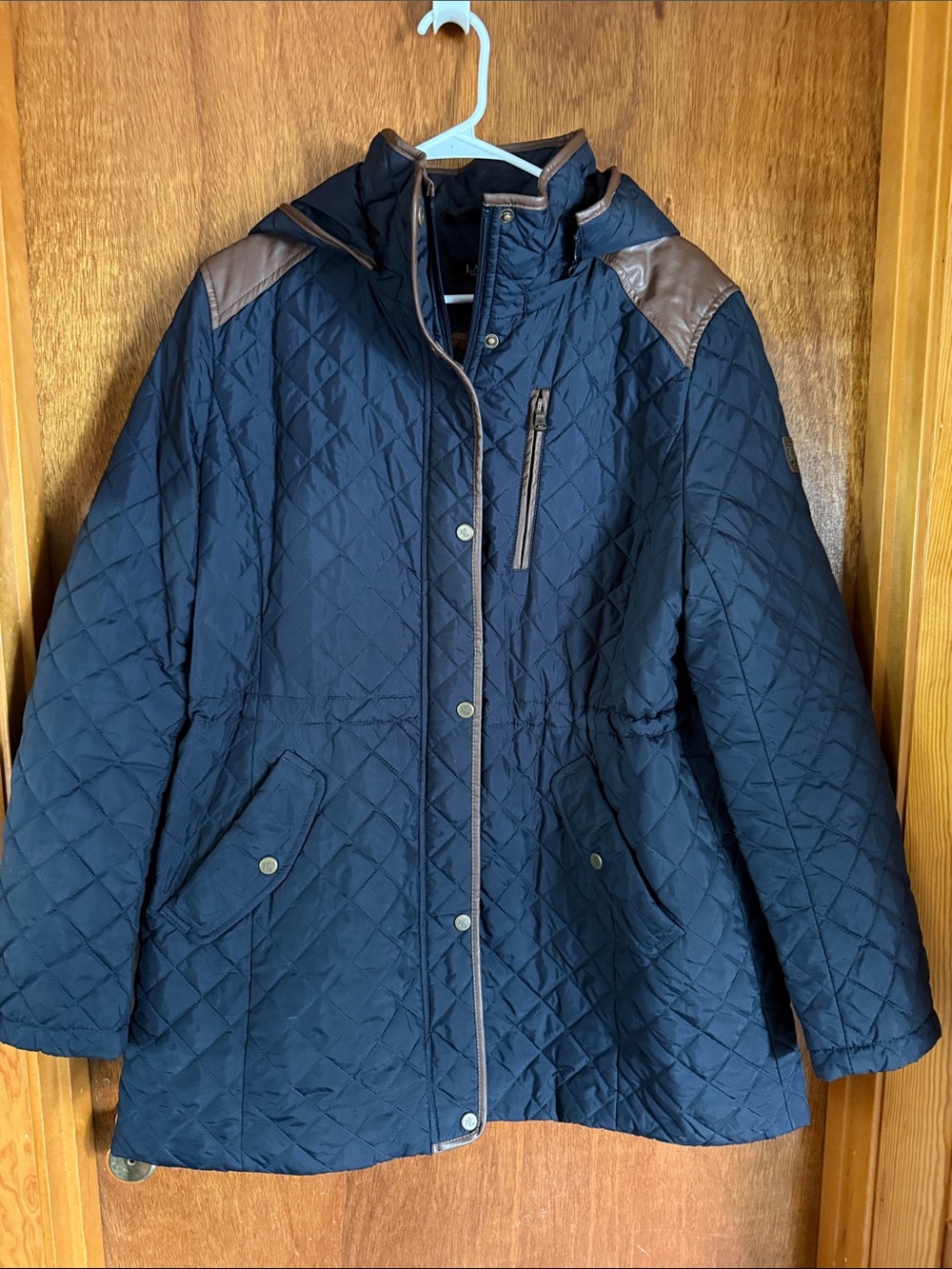Ralph Lauren Navy Quilted Hooded Puffer with Brown Trim